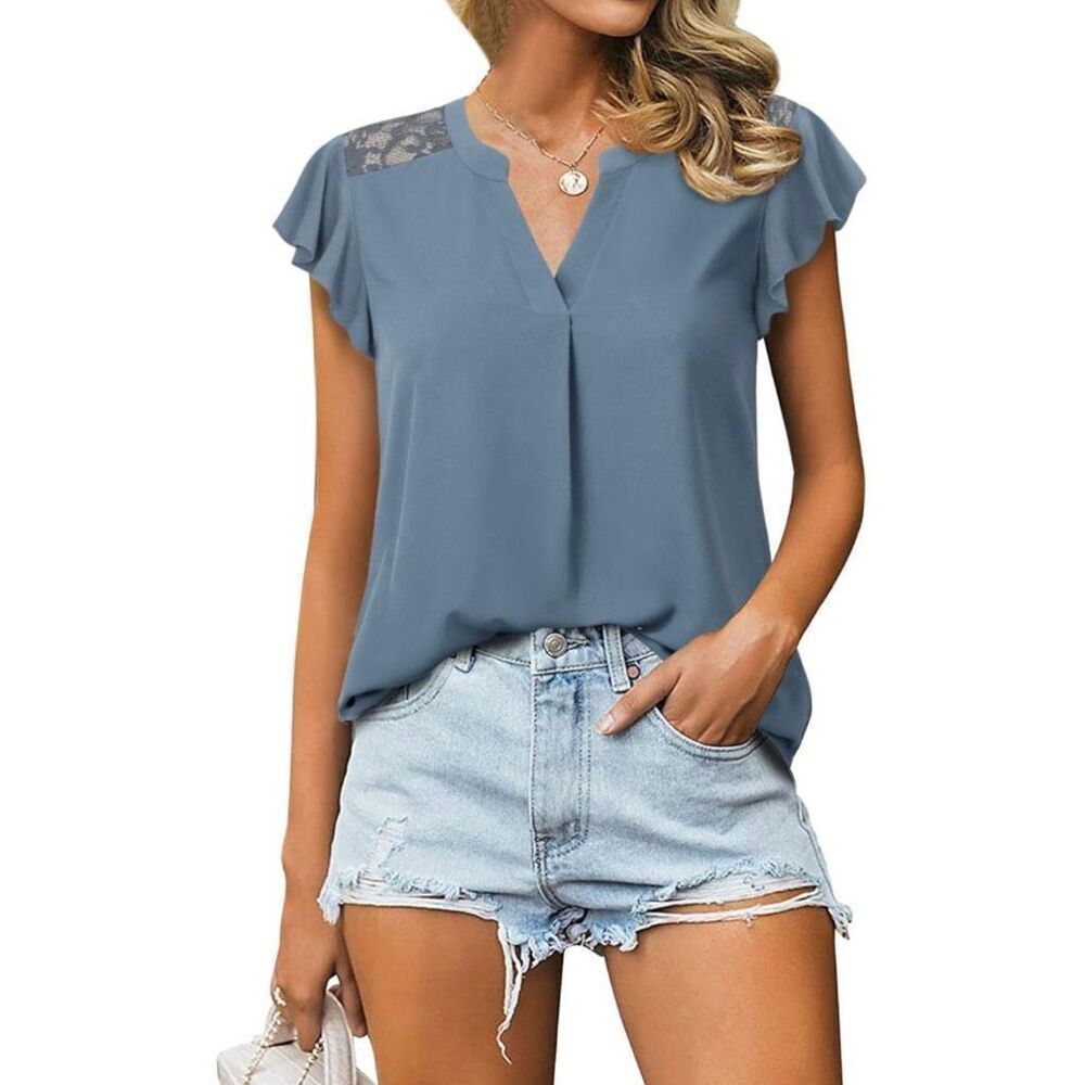 Women’s Blue Grey Chiffon and Lace Blouse
